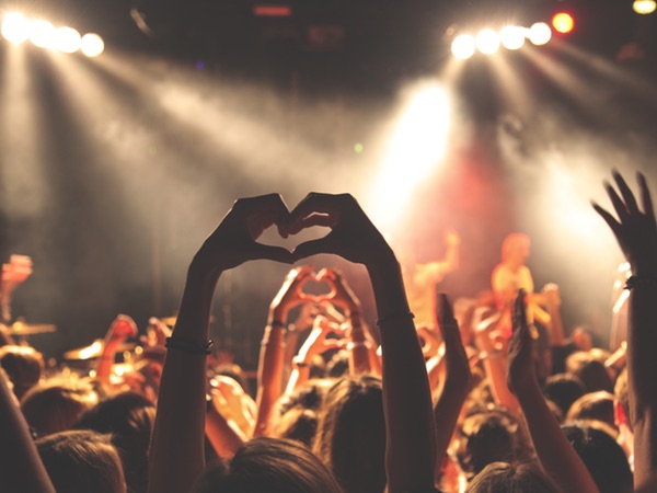 Camera aims over a standing and cheering crowd looking toward a stage. One person raises hands to form the shape of a heart. Because they love DC burlesque show shows